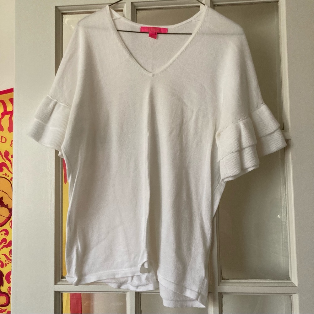 Lilly Pulitzer white summer sweater with ruffle sleeve